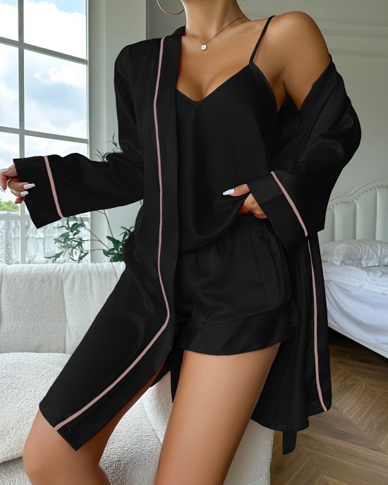 Ice silk pajamas women suspenders shorts robe three-piece summer comfortable and can be worn outside home wear