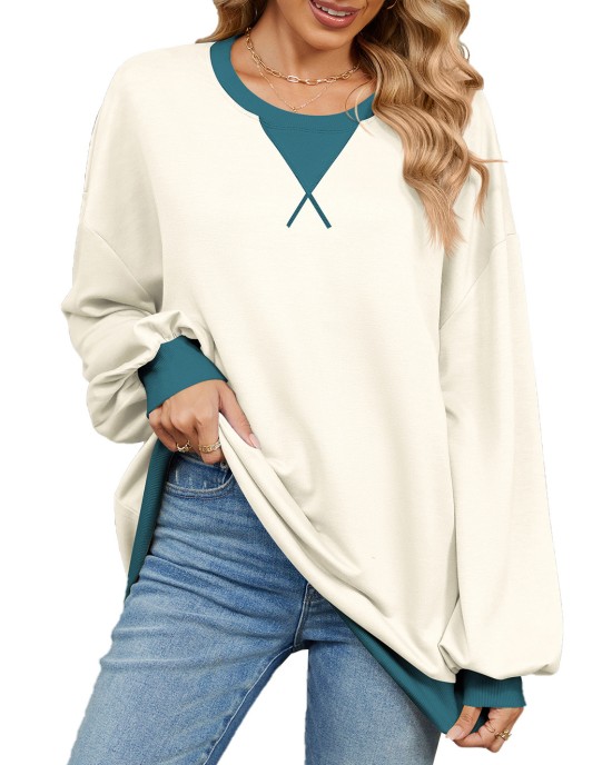 Autumn and winter contrasting round neck loose long sleeved sweatshirt jacket for women