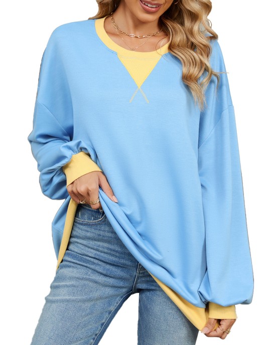 Autumn and winter contrasting round neck loose long sleeved sweatshirt jacket for women