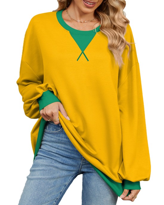 Autumn and winter contrasting round neck loose long sleeved sweatshirt jacket for women