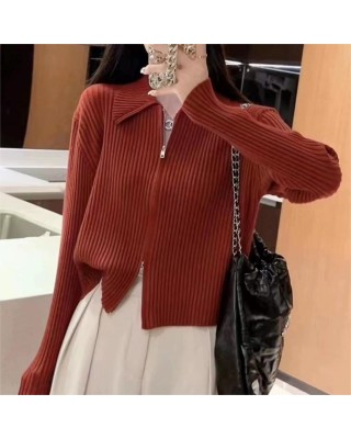 Solid Color Simple Soft Ankora Red Knit Sweater Casual Jacket Women Premium American Polo Neck Zipper Sweater