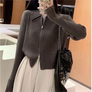 Solid Color Simple Soft Ankora Red Knit Sweater Casual Jacket Women Premium American Polo Neck Zipper Sweater