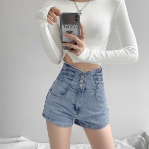 Spice Girl Small Waist Cross Weave High Waisted Tummy Trimming Denim Shorts Women Hundred Lift Hip Loose Wide Leg Hot Pants