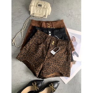 Double-button fashionable fashionable leopard print spicy girl denim shorts female fall new Slim stretch versatile hot pants