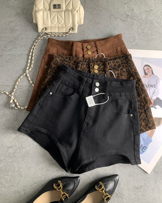 Double-button fashionable fashionable leopard print spicy girl denim shorts female fall new Slim stretch versatile hot pants