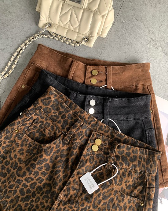 Double-button fashionable fashionable leopard print spicy girl denim shorts female fall new Slim stretch versatile hot pants