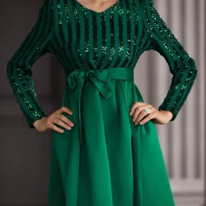 New sequins temperament commuter solid color mid-waist beaded host banquet dress evening dresses