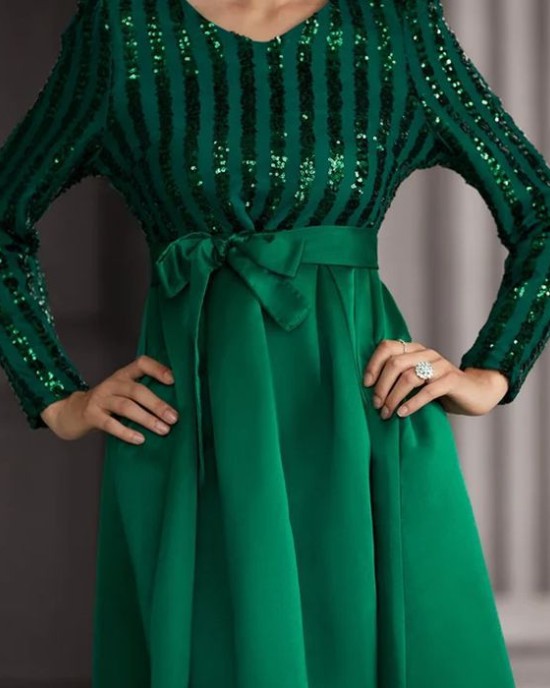 New sequins temperament commuter solid color mid-waist beaded host banquet dress evening dresses