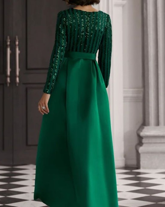 New sequins temperament commuter solid color mid-waist beaded host banquet dress evening dresses