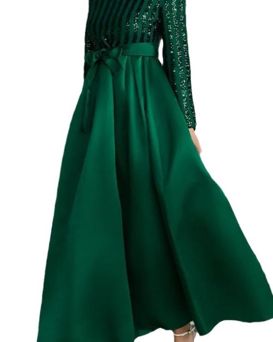 New sequins temperament commuter solid color mid-waist beaded host banquet dress evening dresses