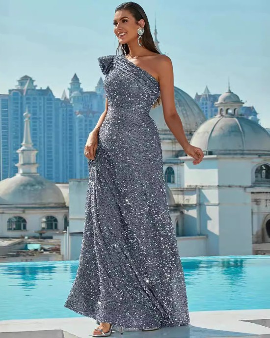 2024 New Sequins Slant Shoulder Backless Sleeveless Long Prom Sequins Silver Swing Dresses Evening Gowns