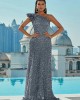 2024 New Sequins Slant Shoulder Backless Sleeveless Long Prom Sequins Silver Swing Dresses Evening Gowns