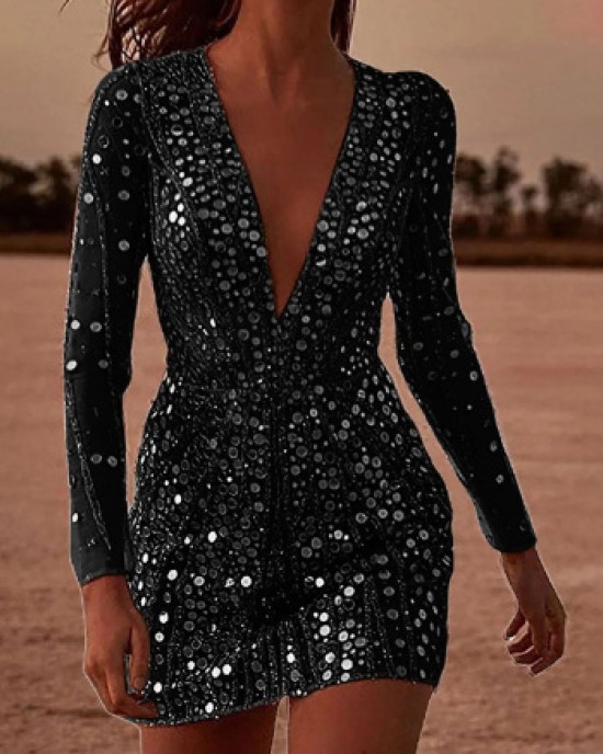 2024 Sexy Deep V See-through Sequins Package Hip Dress Long Sleeve Evening Gowns