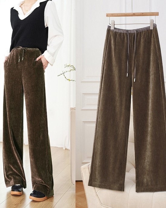 Golden Velvet Straight Pants Women Drawstring Narrow Wide Leg Skinny Premium Feeling Morandi Color Lengthened Tall Drag Pants