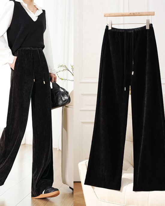 Golden Velvet Straight Pants Women Drawstring Narrow Wide Leg Skinny Premium Feeling Morandi Color Lengthened Tall Drag Pants