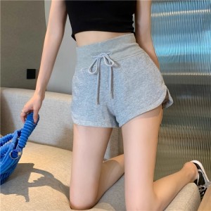 Gray Cotton Athletic Casual Shorts Women's Summer a-line High Waist Loose Wide Leg Beach Hot Pants