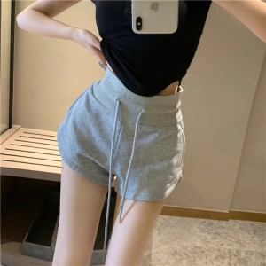 Gray Cotton Athletic Casual Shorts Women's Summer a-line High Waist Loose Wide Leg Beach Hot Pants