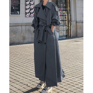 Split-Back Tied Waist Long Sleeves Loose Lapel Trench Coats Outerwear