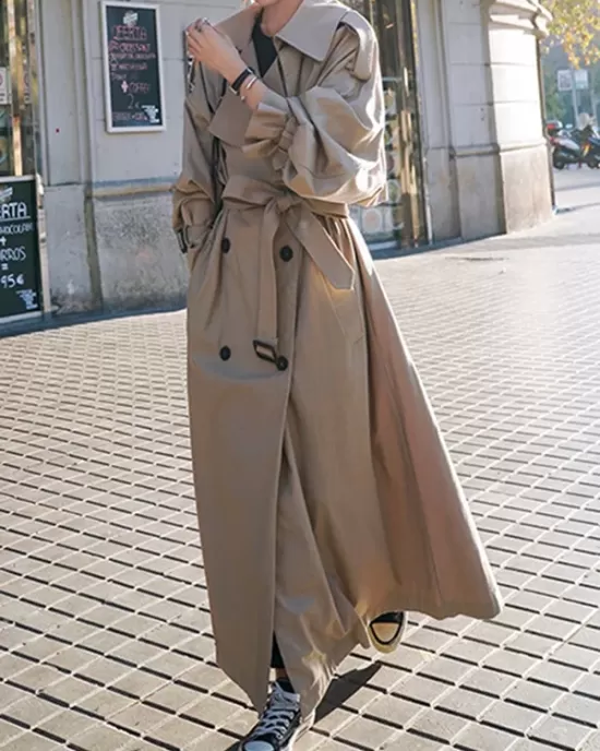 Split-Back Tied Waist Long Sleeves Loose Lapel Trench Coats Outerwear