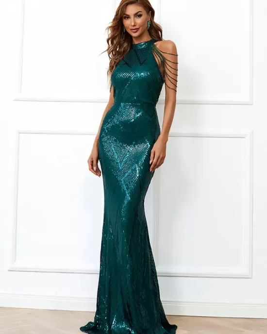 Evening Sleeveless Wrap Premium Sequin Gowns