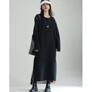 Round-Neck Casual Long Sleeves Loose Solid Color  Sweater Dresses