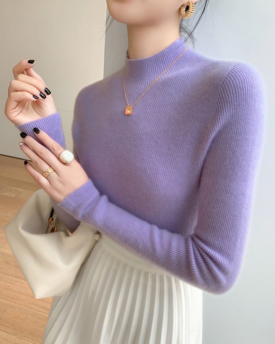 [Hot Sale] Seamless semi high neck soft glutinous cashmere sweater for women, slim fit and slimming sweater, knitted base sweater