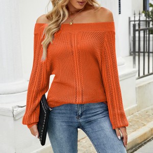 2024 Hollow Knitted Shirt Solid Color Sexy One Neck Off Shoulder Knitted Shirt for Women