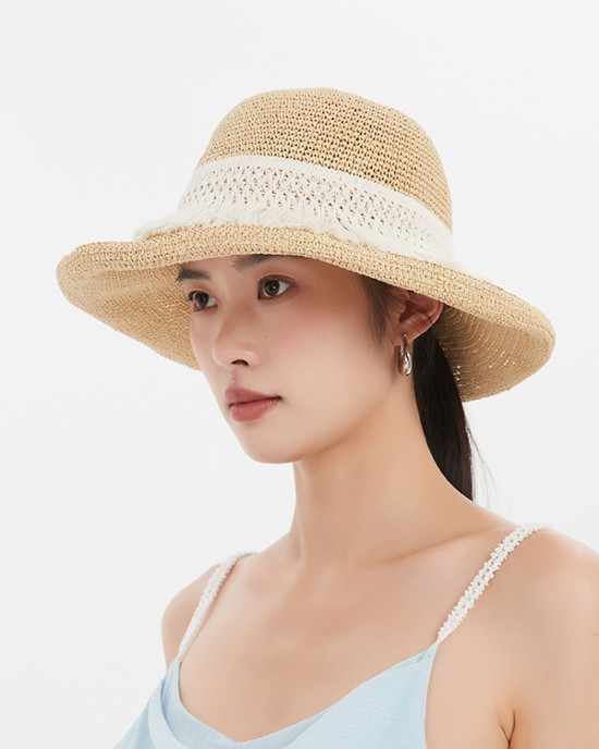 Hand-woven solid crocheted straw hat summer outdoor sun protection foldable sun hat leisure beach fisherman's hat