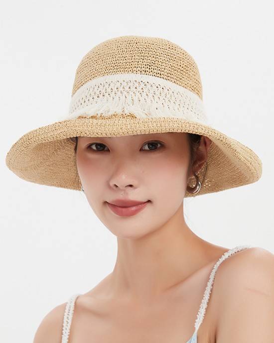 Hand-woven solid crocheted straw hat summer outdoor sun protection foldable sun hat leisure beach fisherman's hat