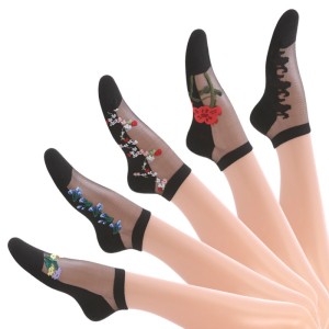 Ladies short tube crystal stockings spring and summer thin embroidered glass stockings non-slip socks