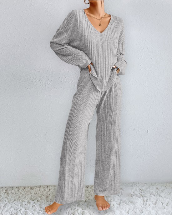 Autumn and winter women's homewear suit long-sleeved long pants two-piece set of ribbed warm home