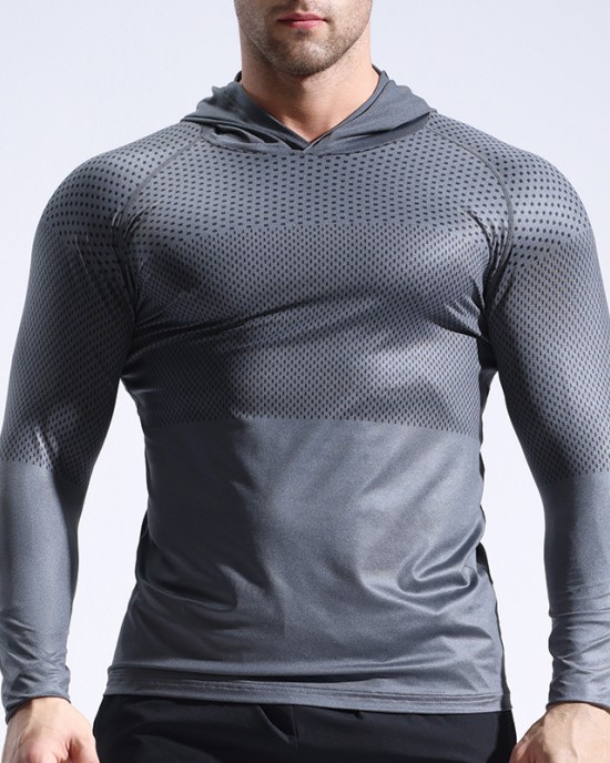 Running, bodybuilding, sweating and quick drying clothes, tight fitting long sleeved hooded fitness suit for men