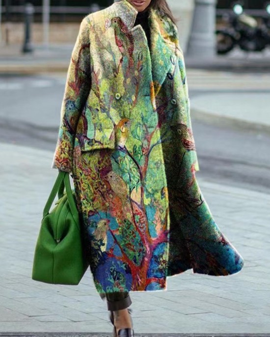 2024 Autumn/Winter New Women's Loose Size Printed Windbreaker Flip Collar Coat Coat for Women