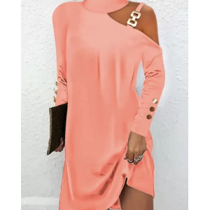 Hollow Buttoned Asymmetric Long Sleeves Loose One-Shoulder Dresses