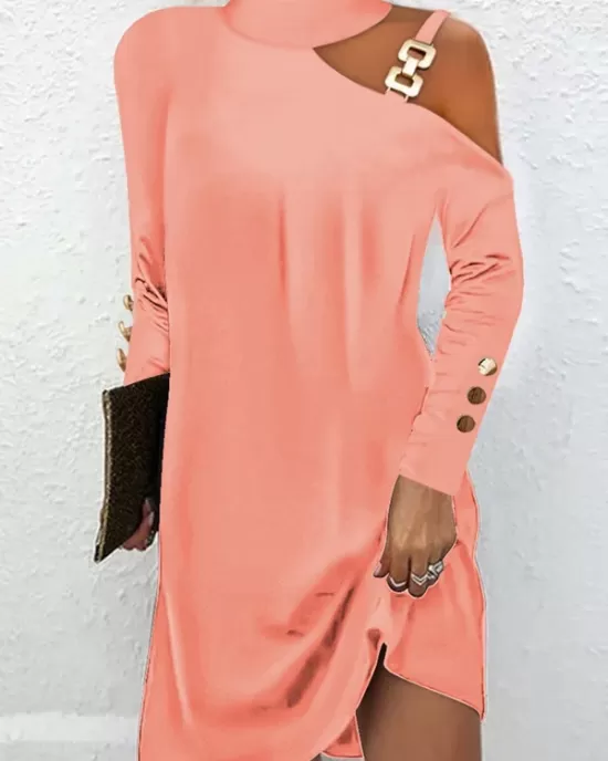 Hollow Buttoned Asymmetric Long Sleeves Loose One-Shoulder Dresses