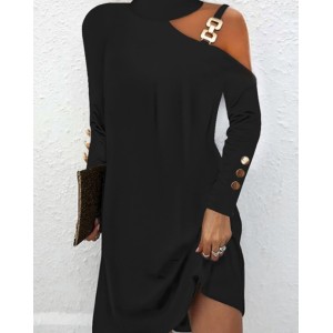 Hollow Buttoned Asymmetric Long Sleeves Loose One-Shoulder Dresses