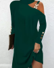 Hollow Buttoned Asymmetric Long Sleeves Loose One-Shoulder Dresses