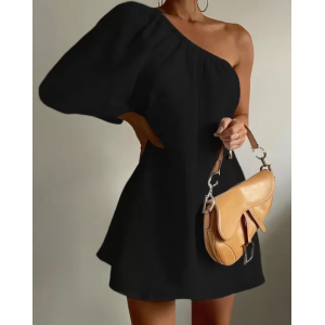 Elasticity Asymmetric Solid Color Loose Three-Quarter Sleeves One-Shoulder Dresses