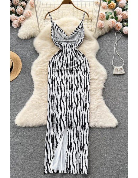 Fashion Swing Collar Sexy Strap Long Dress Women Zebra Print Bodycon Party Vestidos Dress