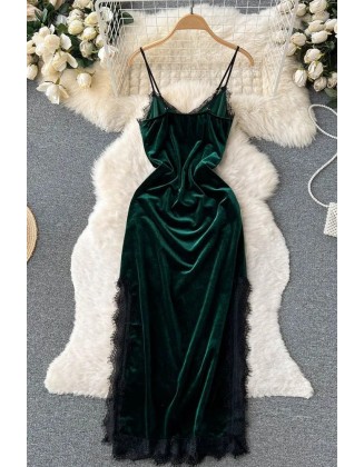 Elegant Lace Patchwork Straps Long Party Dress Women High Split Velvet Bodycon Dress
