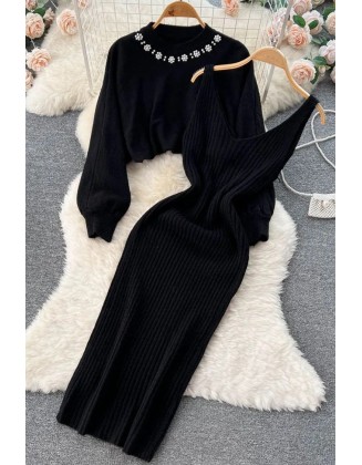 Women Dress Set Elegant Pearl O-neck Knitted Sweaters + Strap Dress Two Piece Suits