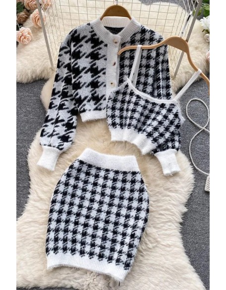 Women Fashion Knitted Camis Tops + Long Sleeve Cardigans + Skinny High Waist Mini Skirts Suits Three Piece Sets