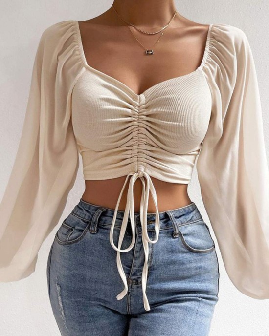 2024 Spring and Autumn Splicing Chiffon Drawstring Lantern Sleeve Tight Fashion Women's Tops T-Shirt 