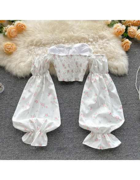 Strapless Floral Blouse Elastic Ruched Slim Long Sleeve Tops Women Off Shoulder Short Blouser
