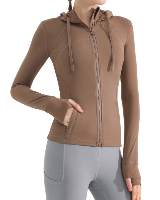 Nude feeling matte yoga suit jacket for women's running, quick drying, breathable, slimming and tight fitting hooded fitness suit top