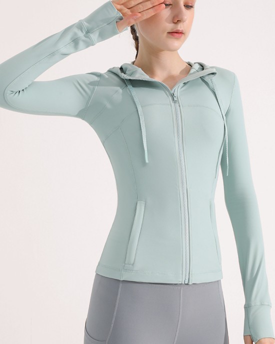 Nude feeling matte yoga suit jacket for women's running, quick drying, breathable, slimming and tight fitting hooded fitness suit top